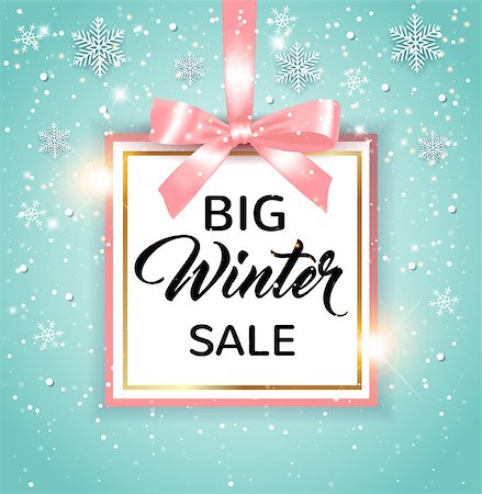 posters with ribbon banner - Decorative vector winter background with white snowflakes and lettering. Design for seasonal Christmas sale with pink frame and bow Stock Photo - Budget Royalty-Free & Subscription, Code: 400-09095222