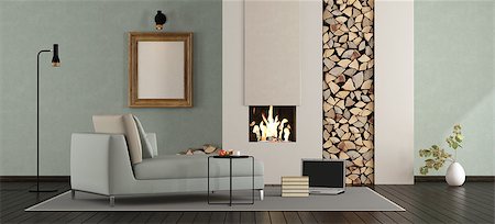 Modern living room with fireplace with chaise lounge - 3d rendering Stock Photo - Budget Royalty-Free & Subscription, Code: 400-09095235