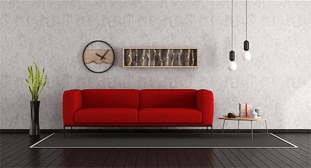 Minimalist living room with red sofa and dark wooden floor - 3d rendering Stock Photo - Budget Royalty-Free & Subscription, Code: 400-09095239