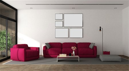 Modern living room with sofa,armchair and large window - 3d rendering Stock Photo - Budget Royalty-Free & Subscription, Code: 400-09095240