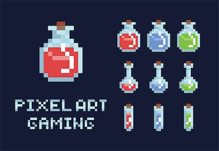 Set of pixel art potion bottles, red green and blue, health mana game design object vector isolated Stock Photo - Budget Royalty-Free & Subscription, Code: 400-09095309