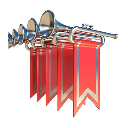 simsearch:400-09095300,k - Fanfare five silver trumpets and red flags 3D render illustration isolated on white background Stock Photo - Budget Royalty-Free & Subscription, Code: 400-09095303