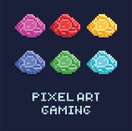 pixel art style vector illustration set of ore gems of different colors isolated on dark blue background Stock Photo - Budget Royalty-Free & Subscription, Code: 400-09095310