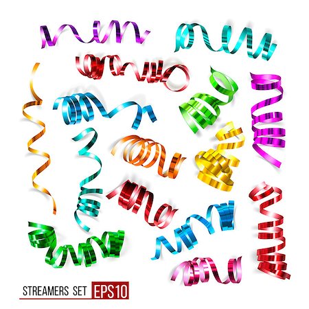 simsearch:400-08138674,k - Festive colorful ribbons on white background. Realistic vector streamers. Carnival party serpentine decoration for your banner and greating card design. Stock Photo - Budget Royalty-Free & Subscription, Code: 400-09095396