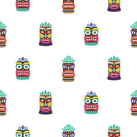 Colorful tiki mask seamless pattern vector. Hawaiian culture white texture background. Stock Photo - Budget Royalty-Free & Subscription, Code: 400-09095457
