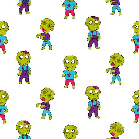 Zombie cute cartoon kid seamless pattern. Child green on white background. Stock Photo - Budget Royalty-Free & Subscription, Code: 400-09095466