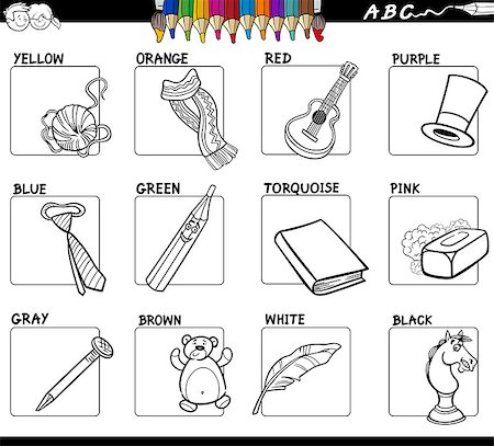 school black and white cartoons - Black and White Cartoon Illustration of Basic Colors Educational Workbook Set for Children with Objects Stock Photo - Budget Royalty-Free & Subscription, Code: 400-09095566
