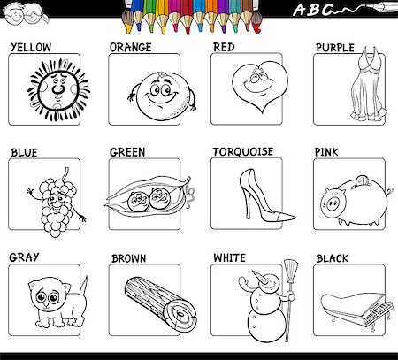 school black and white cartoons - Black and White Cartoon Illustration of Basic Colors Educational Workbook Set for Children with Objects and Comic Characters Stock Photo - Budget Royalty-Free & Subscription, Code: 400-09095567
