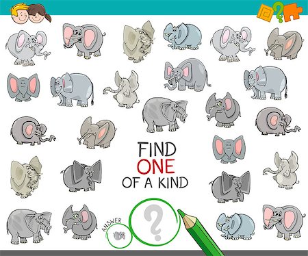 simsearch:400-09091850,k - Cartoon Illustration of Find One of a Kind Picture Educational Activity Game for Children with Elephant Characters Stock Photo - Budget Royalty-Free & Subscription, Code: 400-09095578