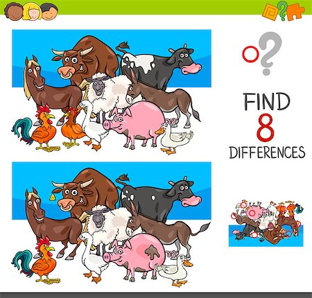 simsearch:400-07658500,k - Cartoon Illustration of Finding Eight Differences Between Pictures Educational Activity Game for Kids with Farm Animal Characters Group Stock Photo - Budget Royalty-Free & Subscription, Code: 400-09095571