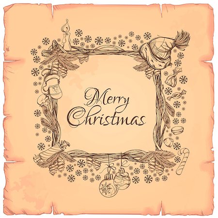 simsearch:400-07061808,k - Beautiful square frame made of branches with Christmas decorations for Christmas and New Year greeting cards, invitations and other items. Photographie de stock - Aubaine LD & Abonnement, Code: 400-09095689