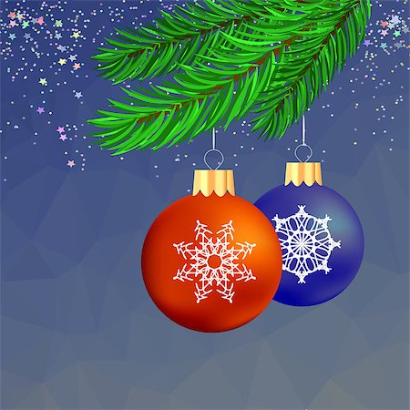simsearch:400-09095755,k - Set of Colorful Glass Balls on Blue Polygonal Starry Background. Christmas Balls and Green Fir Bbranch Photographie de stock - Aubaine LD & Abonnement, Code: 400-09095755