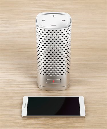 Silver smart speaker and smartphone on wood background Stock Photo - Budget Royalty-Free & Subscription, Code: 400-09095939