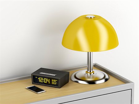 Nightstand with smartphone, digital alarm clock and electric lamp on it Stock Photo - Budget Royalty-Free & Subscription, Code: 400-09095933