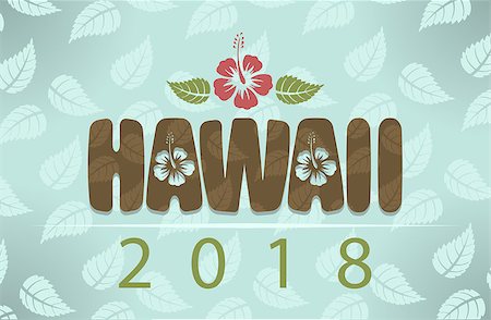 simsearch:400-04347146,k - Vector Hawaii 2018 with hibiscus flowers and leaves on blue vintage background Fotografie stock - Microstock e Abbonamento, Codice: 400-09095996