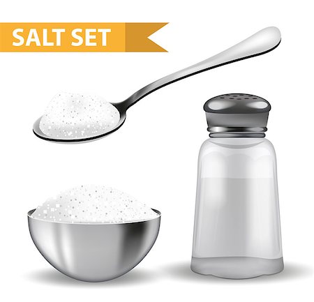 simsearch:400-06913270,k - Realistic 3d set with  salt shaker,  spoon of salt,  steel bowl. Isolated on white background. Glass jar for spices. Ingredients for cooking concept. Vector illustration Foto de stock - Super Valor sin royalties y Suscripción, Código: 400-09096104