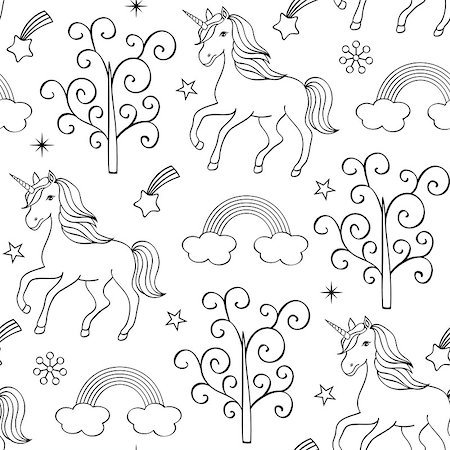 simsearch:400-08348836,k - Seamless pattern with unicorns,trees and other elements on blue background.Vector illustration Stock Photo - Budget Royalty-Free & Subscription, Code: 400-09096128