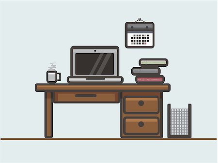 simsearch:400-04280058,k - This illustration represents a desk with work tool, as a pc, cup of coffee, and some book. Foto de stock - Super Valor sin royalties y Suscripción, Código: 400-09096181