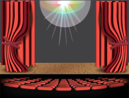 This illustration represents a cinema or a theatre, with red seats and courtains. Fotografie stock - Microstock e Abbonamento, Codice: 400-09096191