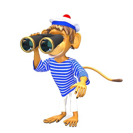 simsearch:400-07314532,k - 3D Illustration Monkey Sailor with Binoculars on White Background Stock Photo - Budget Royalty-Free & Subscription, Code: 400-09096319