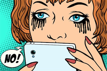 phone with pain - The woman was crying, mascara running. Phone message bad. Comic book cartoon pop art retro color illustration drawing Stock Photo - Budget Royalty-Free & Subscription, Code: 400-09096342