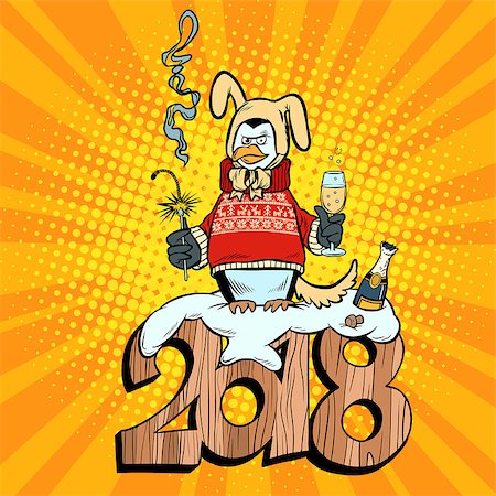 sparklers vector - 2018 new year, penguin suit yellow earth dog. Champagne and sparklers. Comic book cartoon pop art retro vector illustration drawing Stock Photo - Budget Royalty-Free & Subscription, Code: 400-09096361