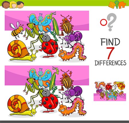 simsearch:400-06452474,k - Cartoon Illustration of Finding Seven Differences Between Pictures Educational Activity Game for Kids with Insects Animal Characters Group Stockbilder - Microstock & Abonnement, Bildnummer: 400-09096425