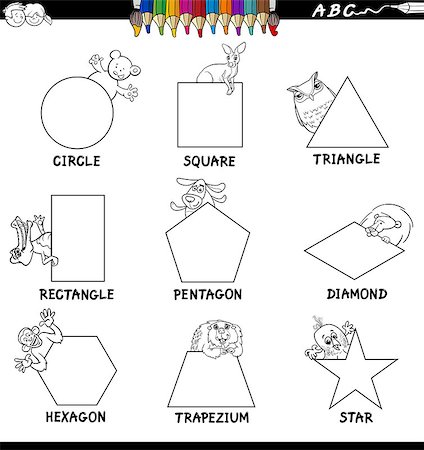 school black and white cartoons - Black and White Cartoon Illustration of Basic Shapes Educational Workbook Set for Children with Animal Characters Stock Photo - Budget Royalty-Free & Subscription, Code: 400-09096427