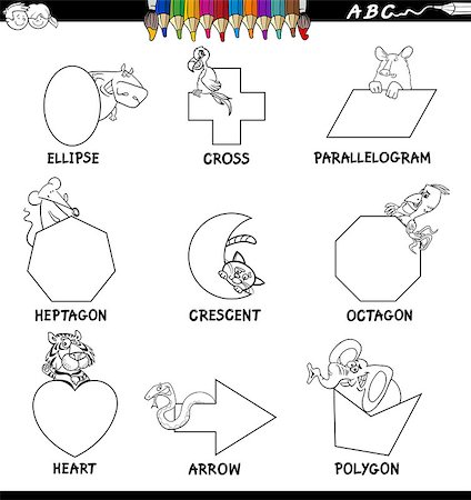 school black and white cartoons - Black and White Cartoon Illustration of Basic Shapes Educational Workbook Set for Children with Animals Characters Stock Photo - Budget Royalty-Free & Subscription, Code: 400-09096428