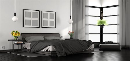 simsearch:400-07796866,k - Black and white modern master bedroom - 3d rendering Stock Photo - Budget Royalty-Free & Subscription, Code: 400-09096466