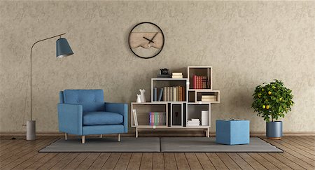 simsearch:625-02926403,k - Blue armchair in modern lounge with little bookcase - 3d rendering Photographie de stock - Aubaine LD & Abonnement, Code: 400-09096469