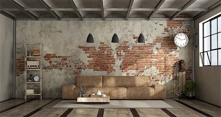 Living room in industrial style with leather sofa and brick wall - 3d rendering Stock Photo - Budget Royalty-Free & Subscription, Code: 400-09096472