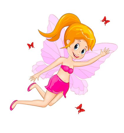simsearch:400-04349966,k - Cartoon fairy in pink clothes on a white background. Flying fairy and butterflies. Stockbilder - Microstock & Abonnement, Bildnummer: 400-09096541