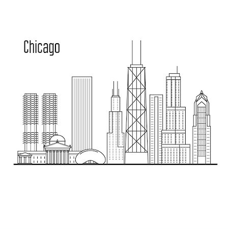 Chicago skyline - downtown cityscape, city landmarks in liner style Foto de stock - Super Valor sin royalties y Suscripción, Código: 400-09096571