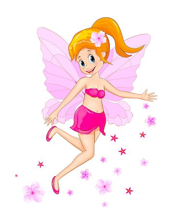simsearch:400-04349966,k - Cartoon fairy in pink clothes on a white background. Flying fairy and flowers. Stockbilder - Microstock & Abonnement, Bildnummer: 400-09096594