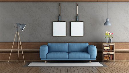 simsearch:400-08797073,k - Elegant living room with blue sofa and wooden boiserie - 3d rendering Stock Photo - Budget Royalty-Free & Subscription, Code: 400-09097246