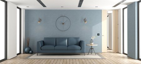simsearch:400-07797413,k - Blue modern living room with sofa and windows - 3d rendering Foto de stock - Royalty-Free Super Valor e Assinatura, Número: 400-09097247