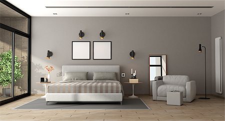 simsearch:400-07796866,k - Contemporary master bedroom with bed and armchair - 3d rendering Stock Photo - Budget Royalty-Free & Subscription, Code: 400-09097242