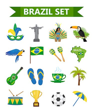 Brazilian carnival icons flat style. Brazil country travel tourism. Collection of design elements, culture symbols with toucan, parrot, rio de jeneiro monument, carnival costume. Vector illustration Foto de stock - Super Valor sin royalties y Suscripción, Código: 400-09097327