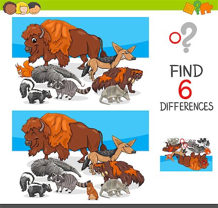 simsearch:400-09117318,k - Cartoon Illustration of Finding Six Differences Between Pictures Educational Activity Game for Kids with Wild Animal Characters Group Stock Photo - Budget Royalty-Free & Subscription, Code: 400-09097345