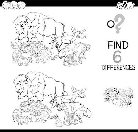 simsearch:400-09117318,k - Black and White Cartoon Illustration of Finding Six Differences Between Pictures Educational Activity Game for Kids with Wild Animal Characters Group Coloring Book Stock Photo - Budget Royalty-Free & Subscription, Code: 400-09097346