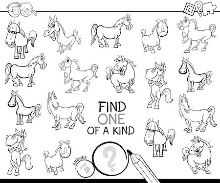 Black and White Cartoon Illustration of Find One of a Kind Picture Educational Activity Game for Children with Horses Farm Animal Characters Coloring Book Foto de stock - Super Valor sin royalties y Suscripción, Código: 400-09097348