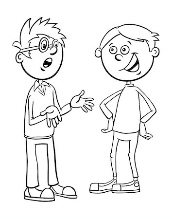 simsearch:400-08817921,k - Black and White Cartoon Illustration of Elementary School Age or Teenage Boys Characters Talking Coloring Book Foto de stock - Super Valor sin royalties y Suscripción, Código: 400-09097342