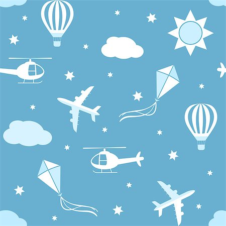 Seamless vector pattern background with cartoon airplane, kite and air balloon Stock Photo - Budget Royalty-Free & Subscription, Code: 400-09097389