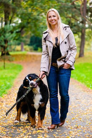 simsearch:400-09136205,k - Woman and dog at retrieving stick game in fall park on dirt path Stockbilder - Microstock & Abonnement, Bildnummer: 400-09097594