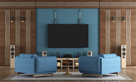 elegant tv room - home cinema room with TV hanging on blue wall ,armchairs and wooden decorations - 3d rendering Foto de stock - Super Valor sin royalties y Suscripción, Código: 400-09097829