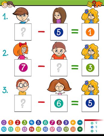 Cartoon Illustration of Educational Mathematical Subtraction Puzzle Game for Preschool and Elementary Age Children with Boys and Girls Characters Stock Photo - Budget Royalty-Free & Subscription, Code: 400-09097977