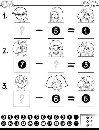 Black and White Cartoon Illustration of Educational Mathematical Subtraction Puzzle Game for Preschool and Elementary Age Children with Boys and Girls Characters Coloring Book Stock Photo - Budget Royalty-Free & Subscription, Code: 400-09097978
