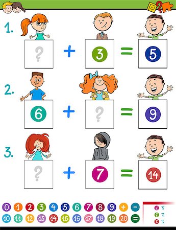 Cartoon Illustration of Educational Mathematical Addition Puzzle Game for Preschool and Elementary Age Children with Boys and Girls Characters Stock Photo - Budget Royalty-Free & Subscription, Code: 400-09097979