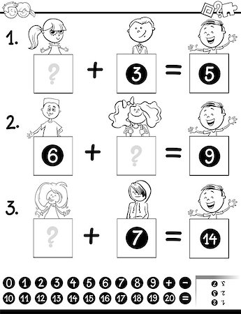 Black and White Cartoon Illustration of Educational Mathematical Addition Puzzle Game for Preschool and Elementary Age Children with Boys and Girls Characters Coloring Book Stock Photo - Budget Royalty-Free & Subscription, Code: 400-09097980